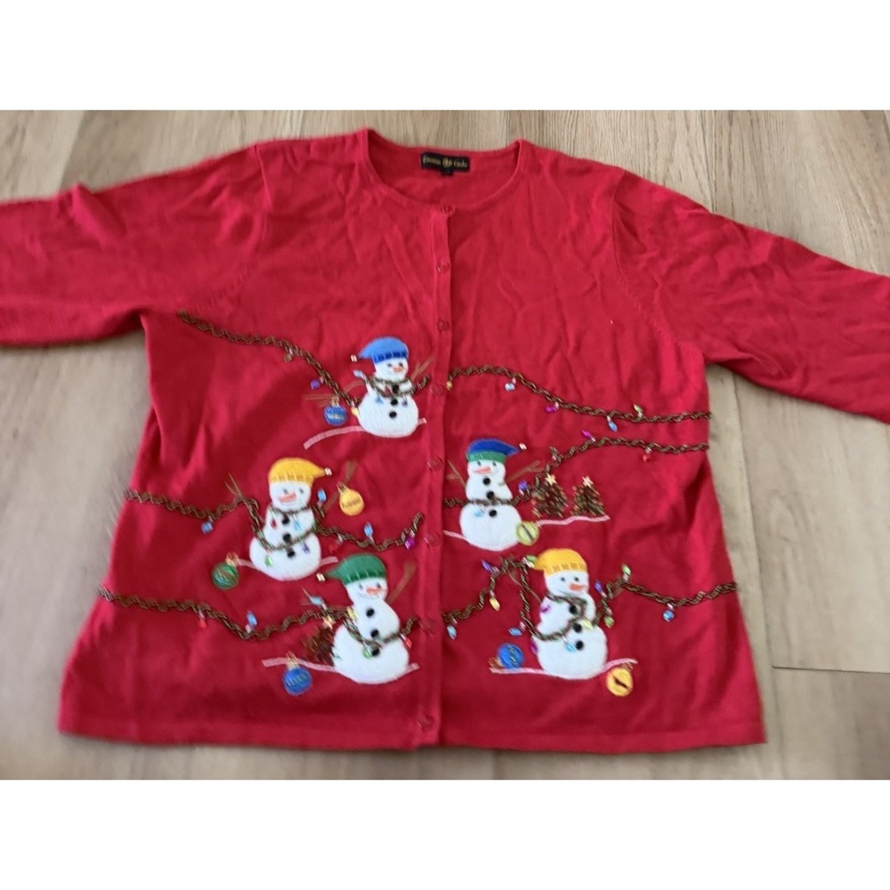 Vintage Christmas Sweater Cinnamon Cinder Red Button Cardigan Size XL Snowman